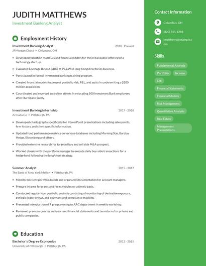 Investment Banking Analyst Resume