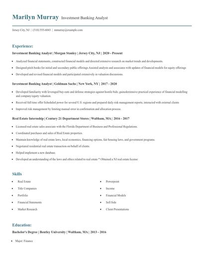 Investment Banking Analyst Resume