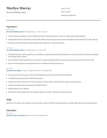 Investment Banking Analyst Resume