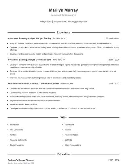 Investment Banking Analyst Resume