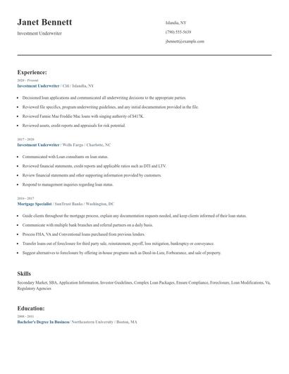 Investment Underwriter Resume