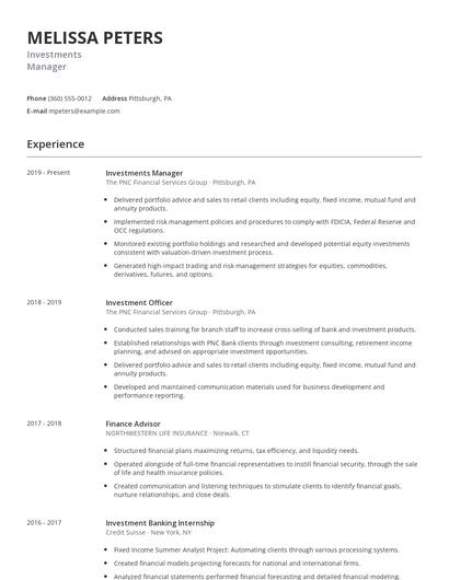 Investments Manager Resume