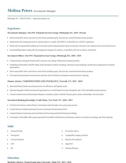 Investments Manager Resume
