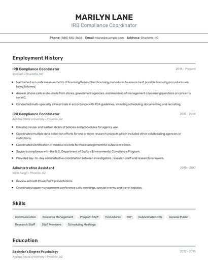 IRB Compliance Coordinator Resume