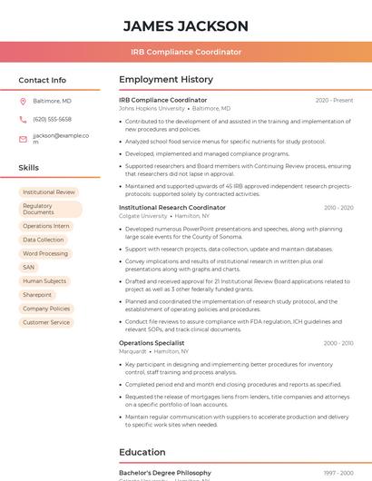 IRB Compliance Coordinator Resume