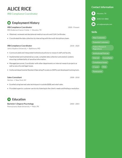 IRB Compliance Coordinator Resume