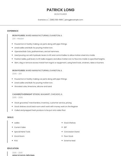 Iron Pourer Resume