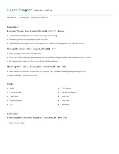 Ironworker/Welder Resume