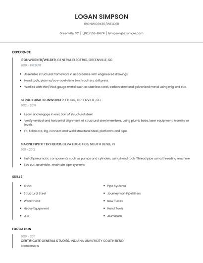 Ironworker/Welder Resume