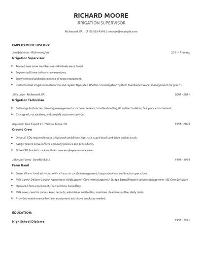 Irrigation Supervisor Resume