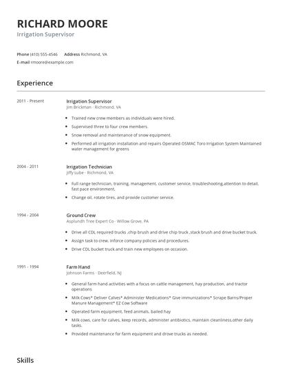 Irrigation Supervisor Resume