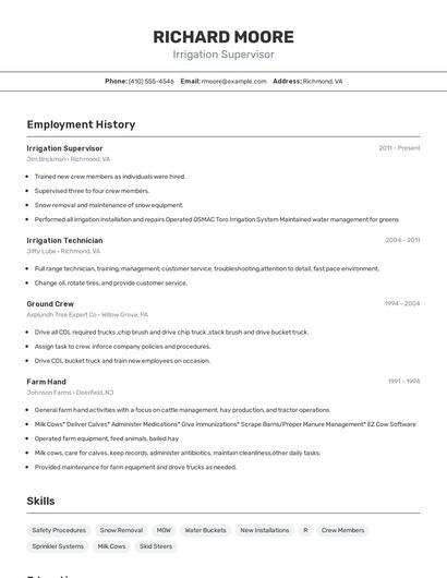 Irrigation Supervisor Resume