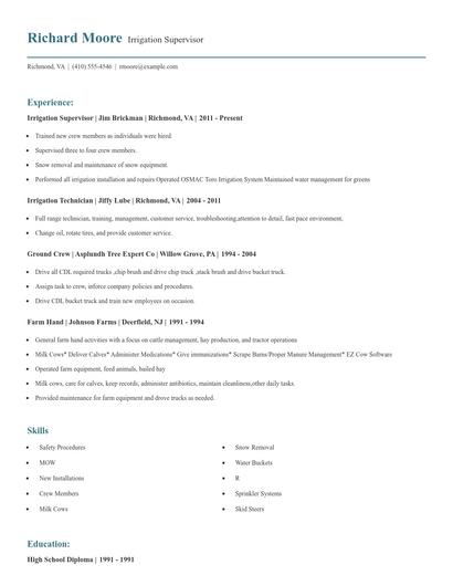 Irrigation Supervisor Resume
