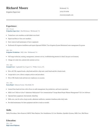 Irrigation Supervisor Resume