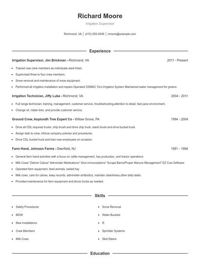 Irrigation Supervisor Resume