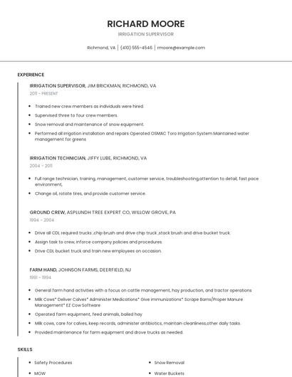 Irrigation Supervisor Resume