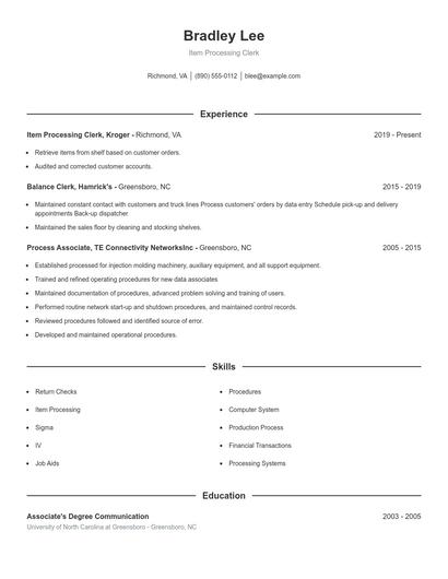 Item Processing Clerk Resume