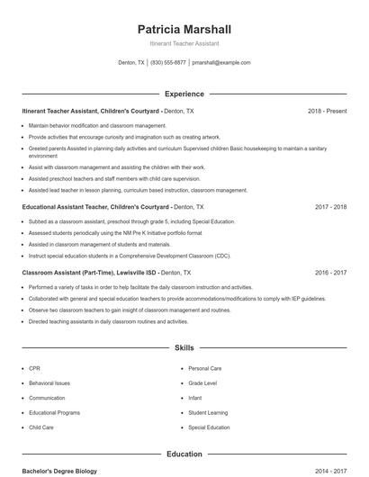 Itinerant Teacher Assistant Resume