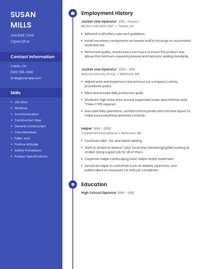 Jacket Line Operator Resume
