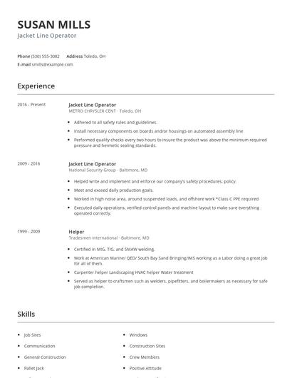 Jacket Line Operator Resume