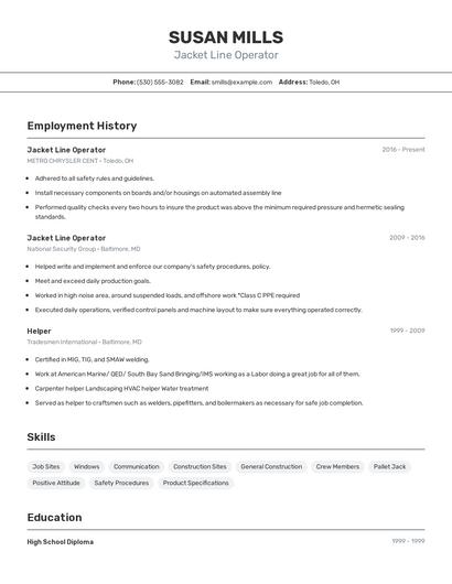 Jacket Line Operator Resume