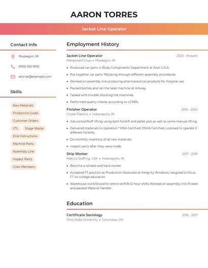 Jacket Line Operator Resume