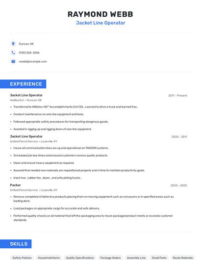 Jacket Line Operator Resume