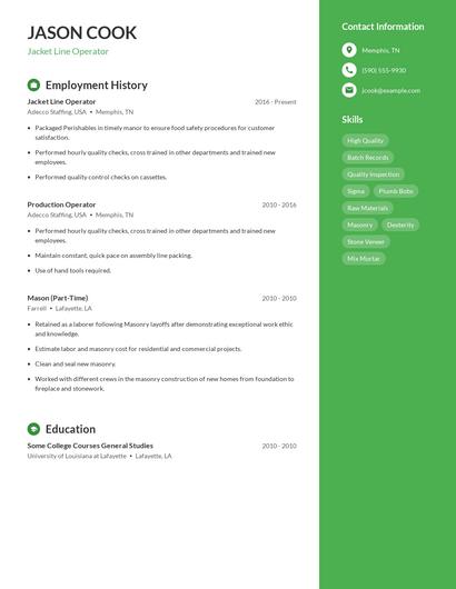 Jacket Line Operator Resume