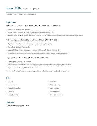 Jacket Line Operator Resume