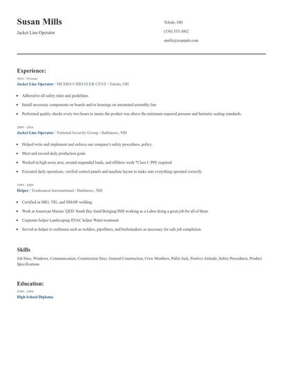 Jacket Line Operator Resume