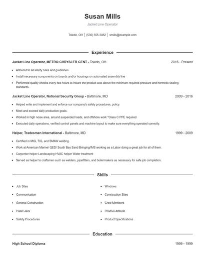 Jacket Line Operator Resume