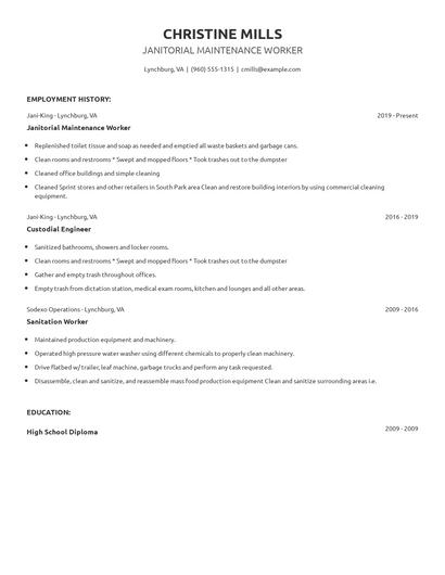 Janitorial Maintenance Worker Resume