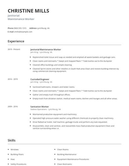 Janitorial Maintenance Worker Resume