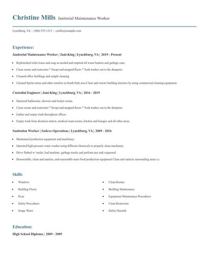 Janitorial Maintenance Worker Resume