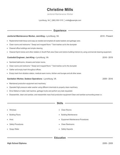 Janitorial Maintenance Worker Resume