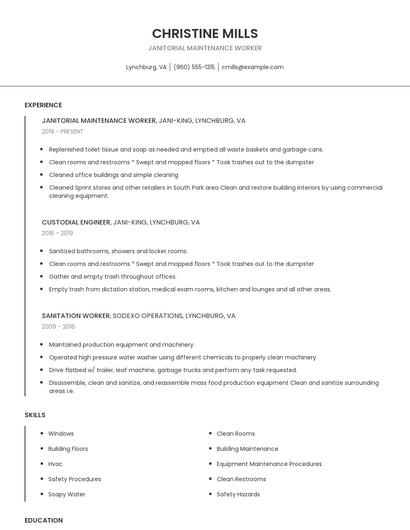 Janitorial Maintenance Worker Resume