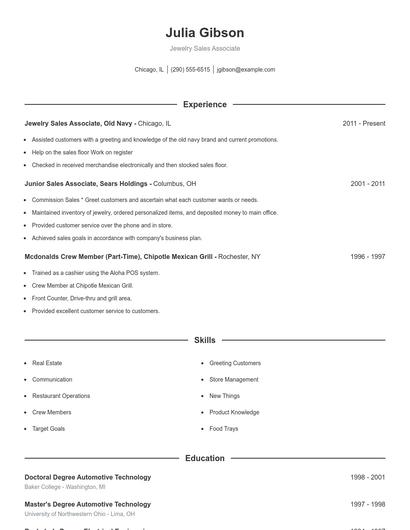 Jewelry Sales Associate Resume