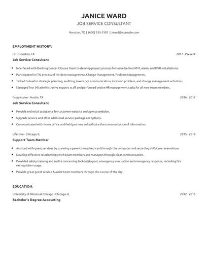 Job Service Consultant Resume