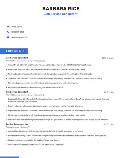 Job Service Consultant Resume