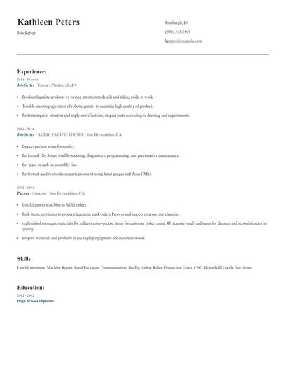 Job Setter Resume