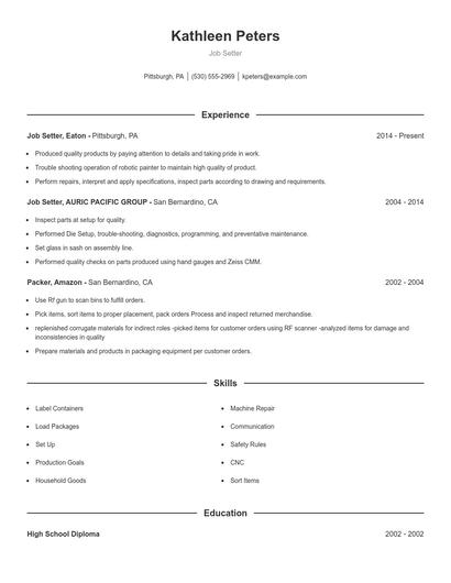 Job Setter Resume