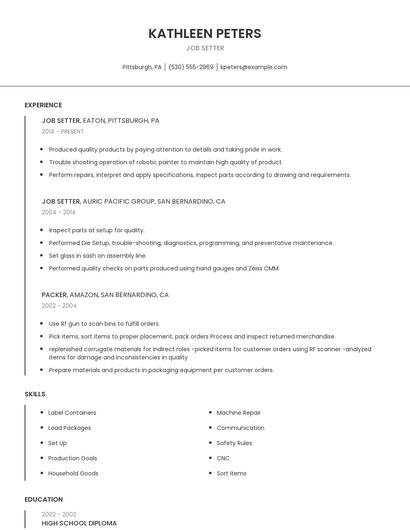 Job Setter Resume