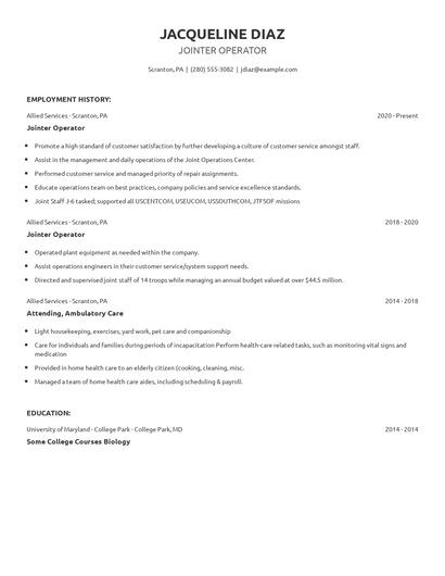 Jointer Operator Resume
