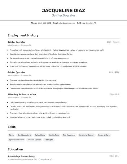 Jointer Operator Resume