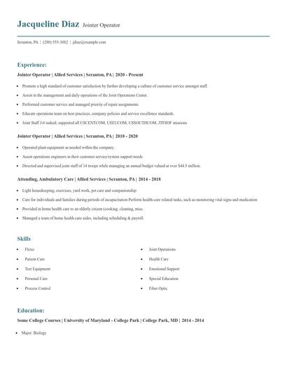 Jointer Operator Resume