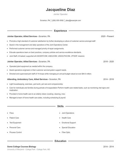 Jointer Operator Resume