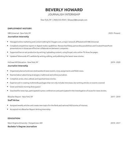 Journalism Internship Resume