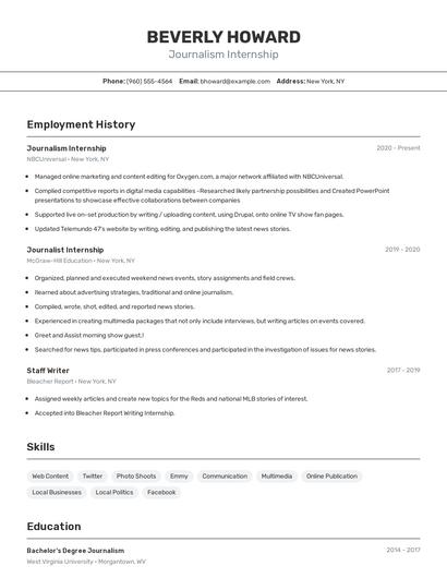 Journalism Internship Resume
