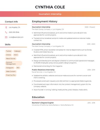 Journalism Internship Resume