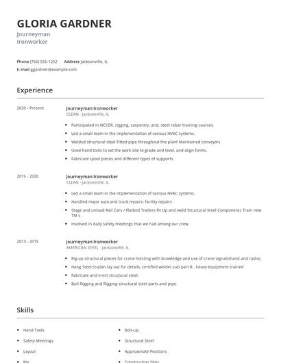 Journeyman Ironworker Resume